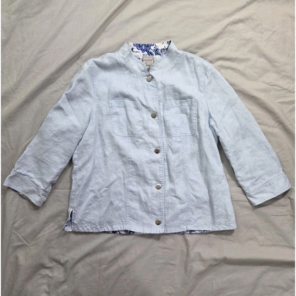 Chicos Womens Linen Jacket Blue Floral Lined Metal Button Up US Sz 1 M 8 10